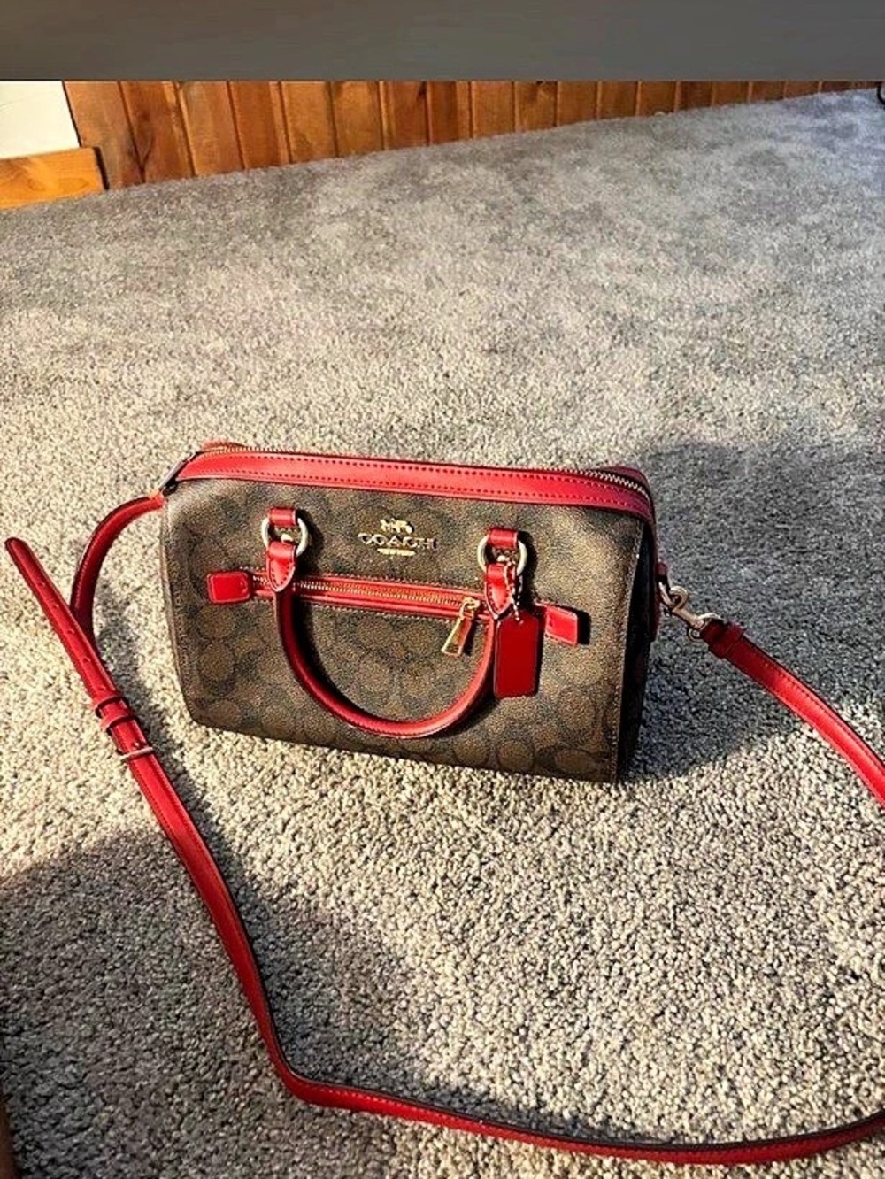 COACH Rowan Satchel In Signature Canvas Brown & Red Crossbody